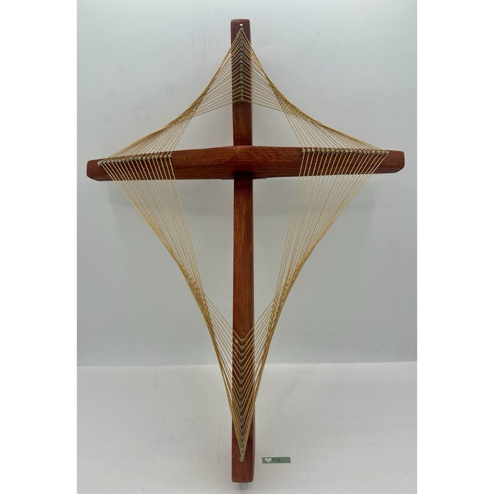Vintage String Art Wooden Cross Gold Thread Christian Wall Hanging 17”